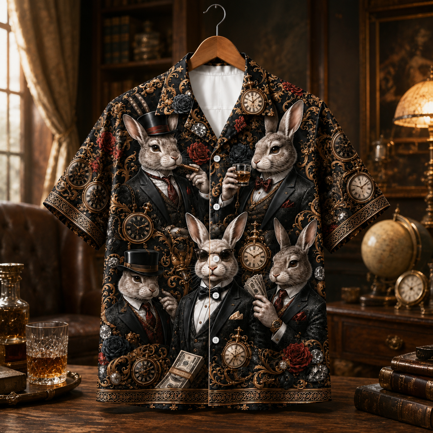 HW-M356-Black Satin Steampunk Rabbit Suit Print Hawaiian Shirt Vintage Clock Top