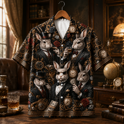 HW-M356-Black Satin Steampunk Rabbit Suit Print Hawaiian Shirt Vintage Clock Top