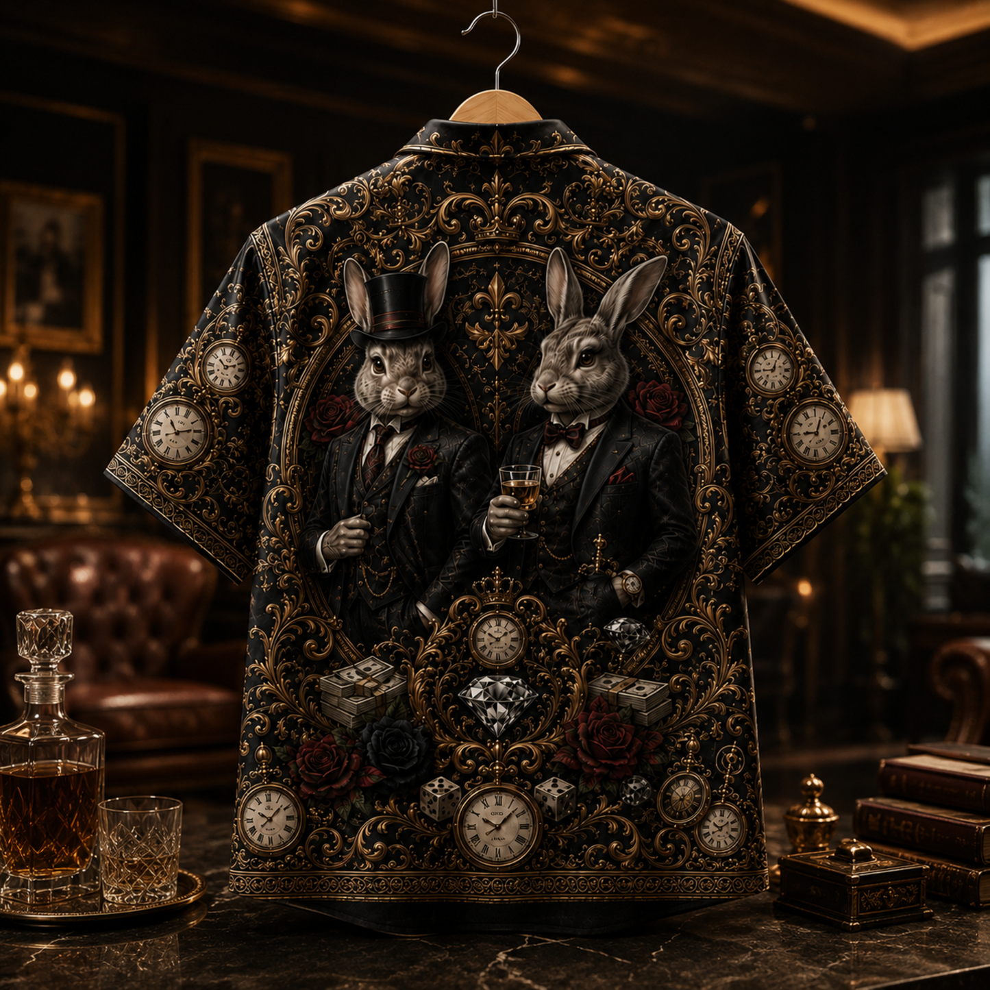 HW-M356-Black Satin Steampunk Rabbit Suit Print Hawaiian Shirt Vintage Clock Top