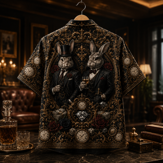 HW-M356-Black Satin Steampunk Rabbit Suit Print Hawaiian Shirt Vintage Clock Top