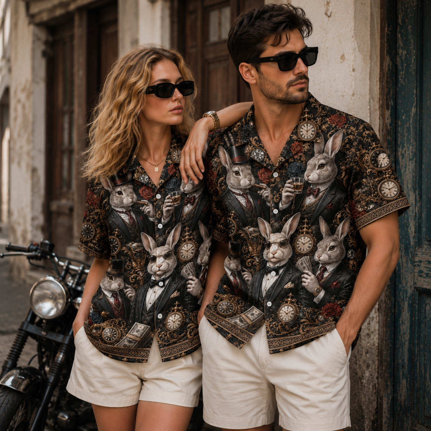 HW-M356-Black Satin Steampunk Rabbit Suit Print Hawaiian Shirt Vintage Clock Top