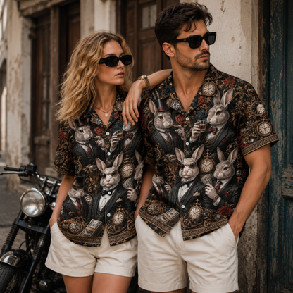 HW-M356-Black Satin Steampunk Rabbit Suit Print Hawaiian Shirt Vintage Clock Top