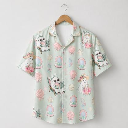 HW-M384-Pastel Coastal Ghost Hawaiian Shirt Mint Green Summerween Beach Button Down