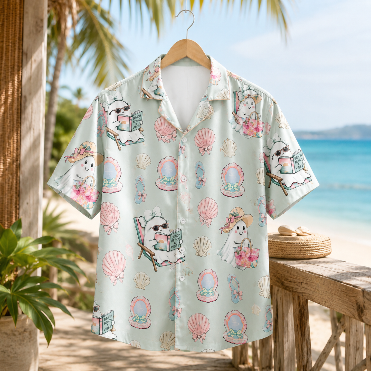 HW-M384-Pastel Coastal Ghost Hawaiian Shirt Mint Green Summerween Beach Button Down