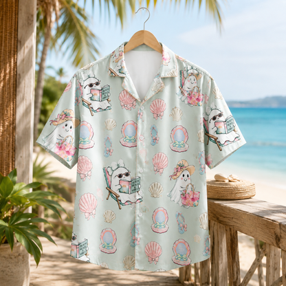 HW-M384-Pastel Coastal Ghost Hawaiian Shirt Mint Green Summerween Beach Button Down