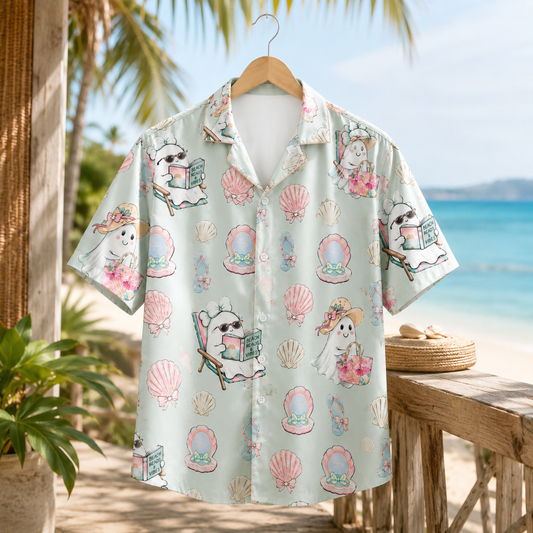 HW-M384-Pastel Coastal Ghost Hawaiian Shirt Mint Green Summerween Beach Button Down