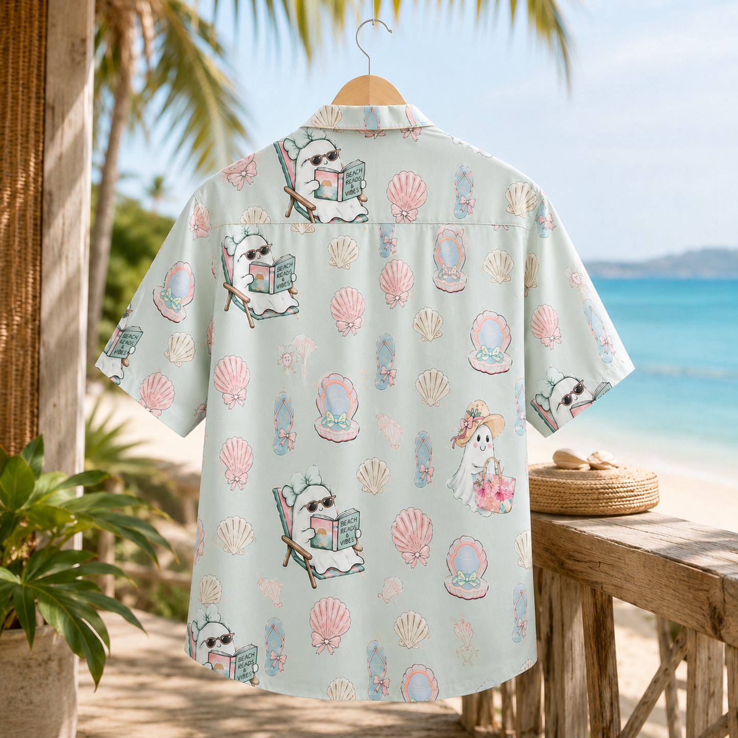 HW-M384-Pastel Coastal Ghost Hawaiian Shirt Mint Green Summerween Beach Button Down