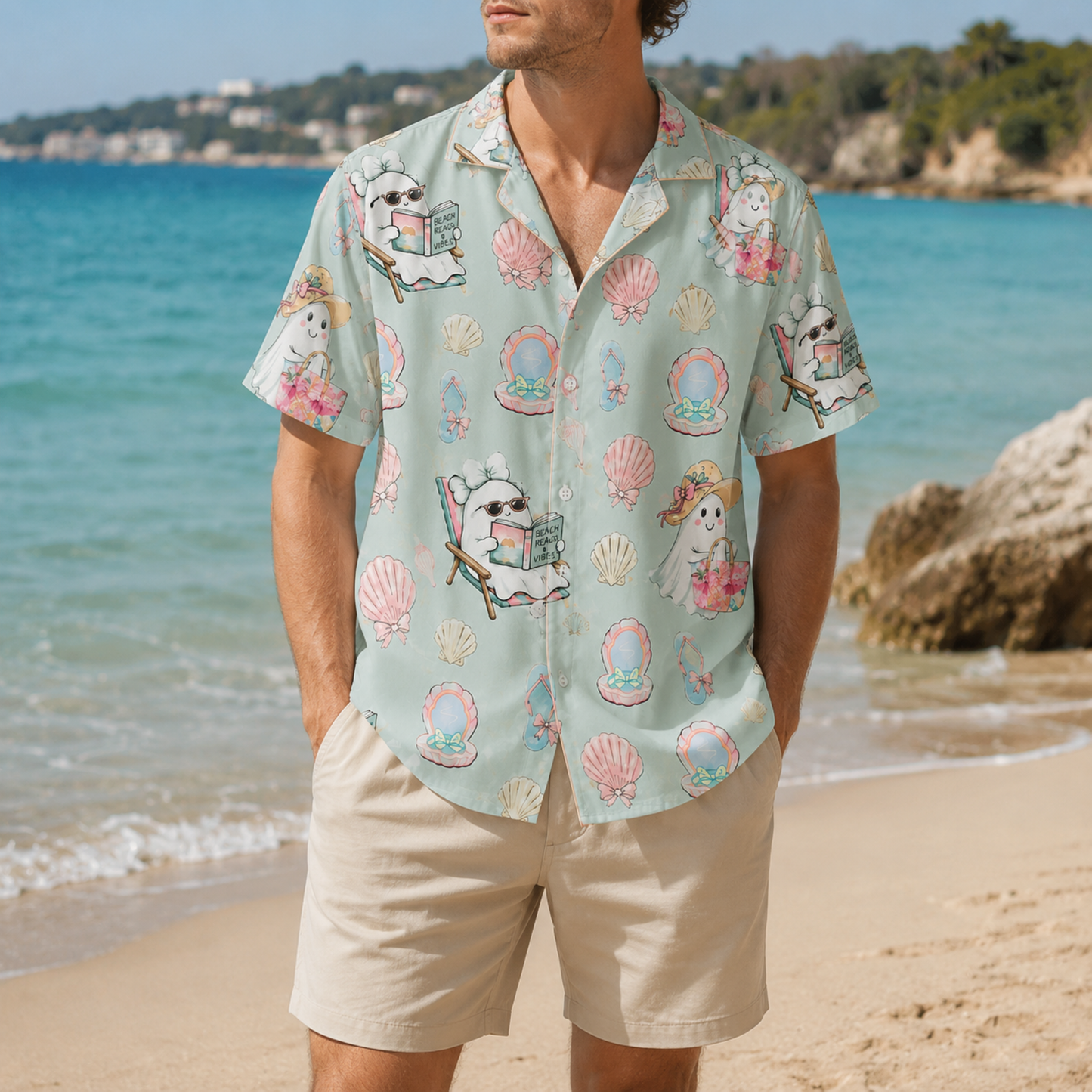 HW-M384-Pastel Coastal Ghost Hawaiian Shirt Mint Green Summerween Beach Button Down