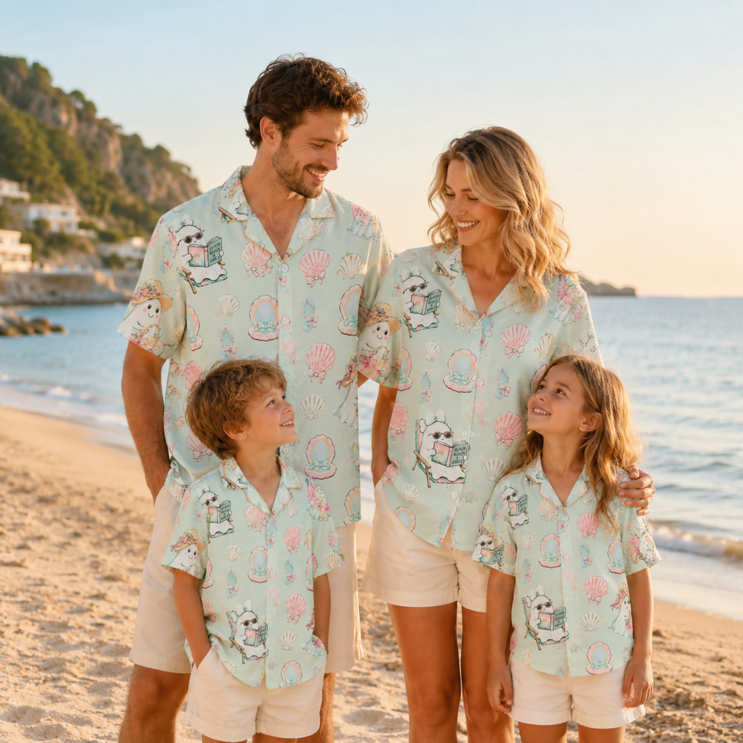 HW-M384-Pastel Coastal Ghost Hawaiian Shirt Mint Green Summerween Beach Button Down