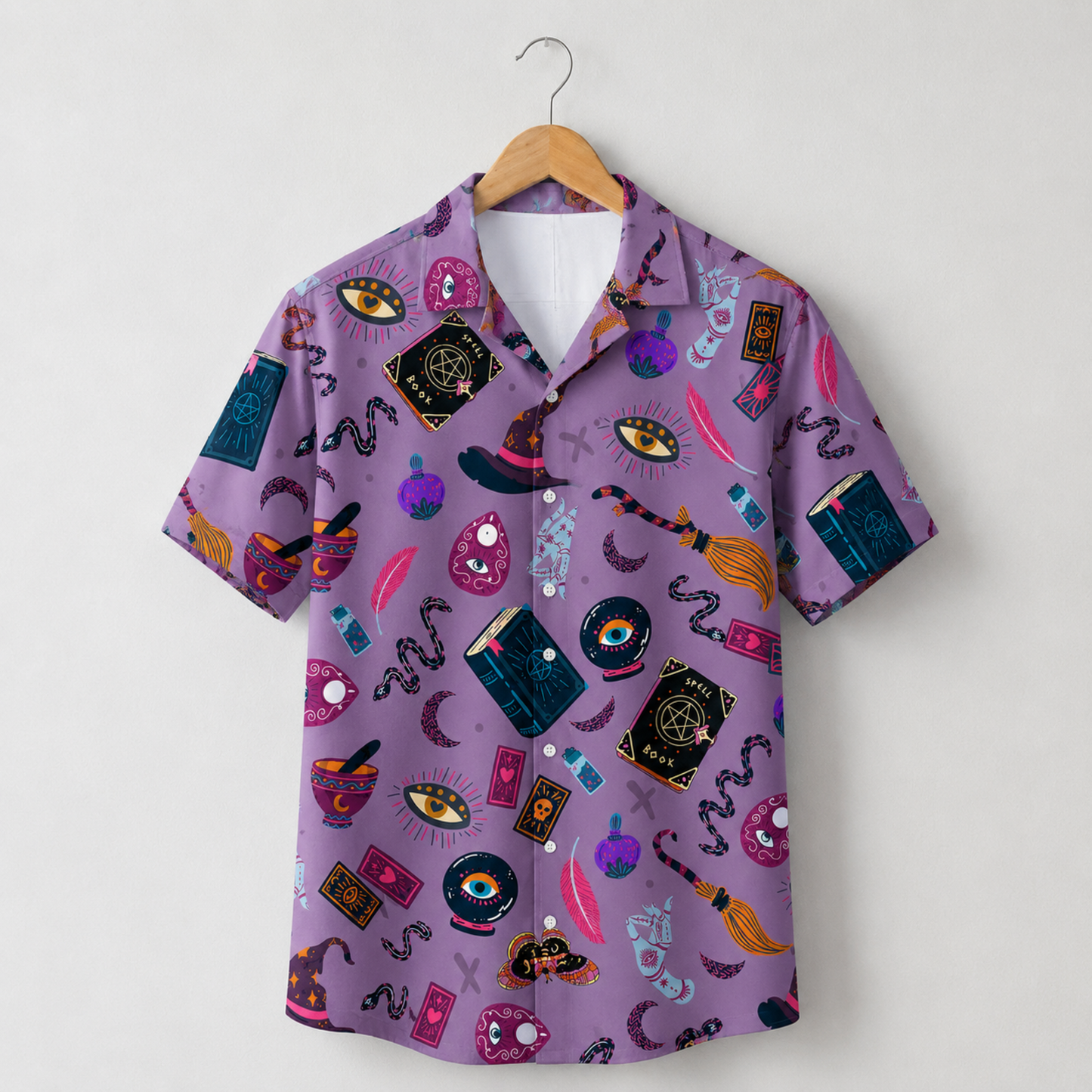 HW-M387-Violet Witchy Hawaiian Shirt Mystical Occult Spellbook Magic Button Down Top
