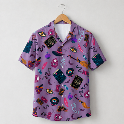 HW-M387-Violet Witchy Hawaiian Shirt Mystical Occult Spellbook Magic Button Down Top