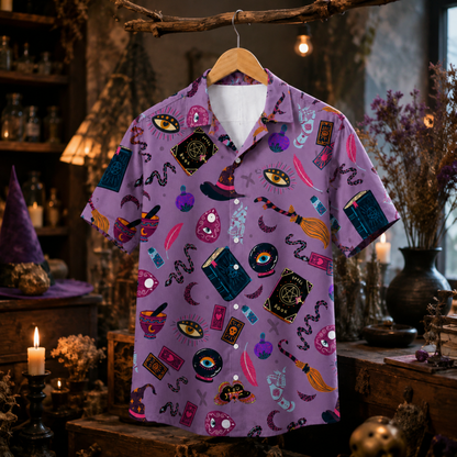 HW-M387-Violet Witchy Hawaiian Shirt Mystical Occult Spellbook Magic Button Down Top