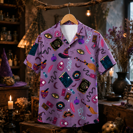 HW-M387-Violet Witchy Hawaiian Shirt Mystical Occult Spellbook Magic Button Down Top