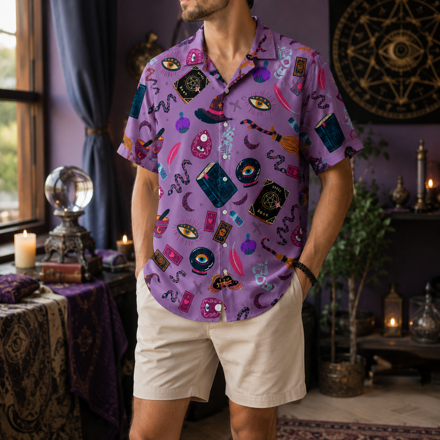 HW-M387-Violet Witchy Hawaiian Shirt Mystical Occult Spellbook Magic Button Down Top