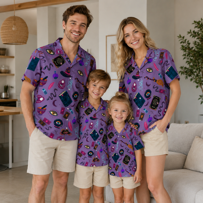 HW-M387-Violet Witchy Hawaiian Shirt Mystical Occult Spellbook Magic Button Down Top