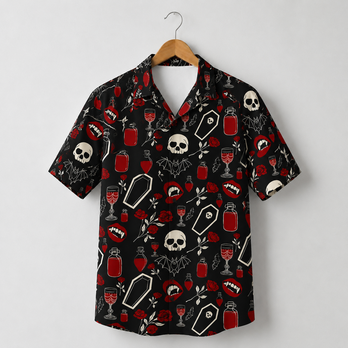 HW-M388-Black Macabre Vampire Camp Shirt Spooky Bat Coffin Red Rose Print Button Down Alternative Apparel