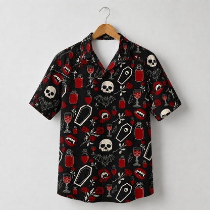 HW-M388-Black Macabre Vampire Camp Shirt Spooky Bat Coffin Red Rose Print Button Down Alternative Apparel