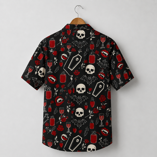 HW-M388-Black Macabre Vampire Camp Shirt Spooky Bat Coffin Red Rose Print Button Down Alternative Apparel