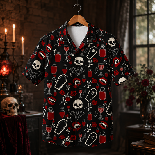 HW-M388-Black Macabre Vampire Camp Shirt Spooky Bat Coffin Red Rose Print Button Down Alternative Apparel