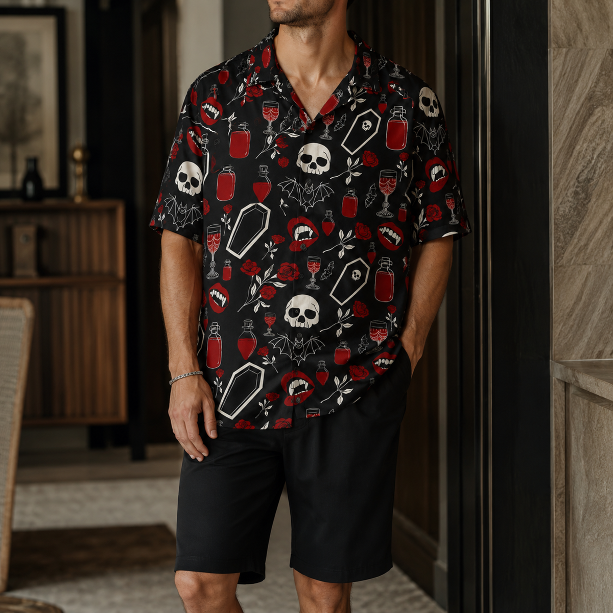 HW-M388-Black Macabre Vampire Camp Shirt Spooky Bat Coffin Red Rose Print Button Down Alternative Apparel