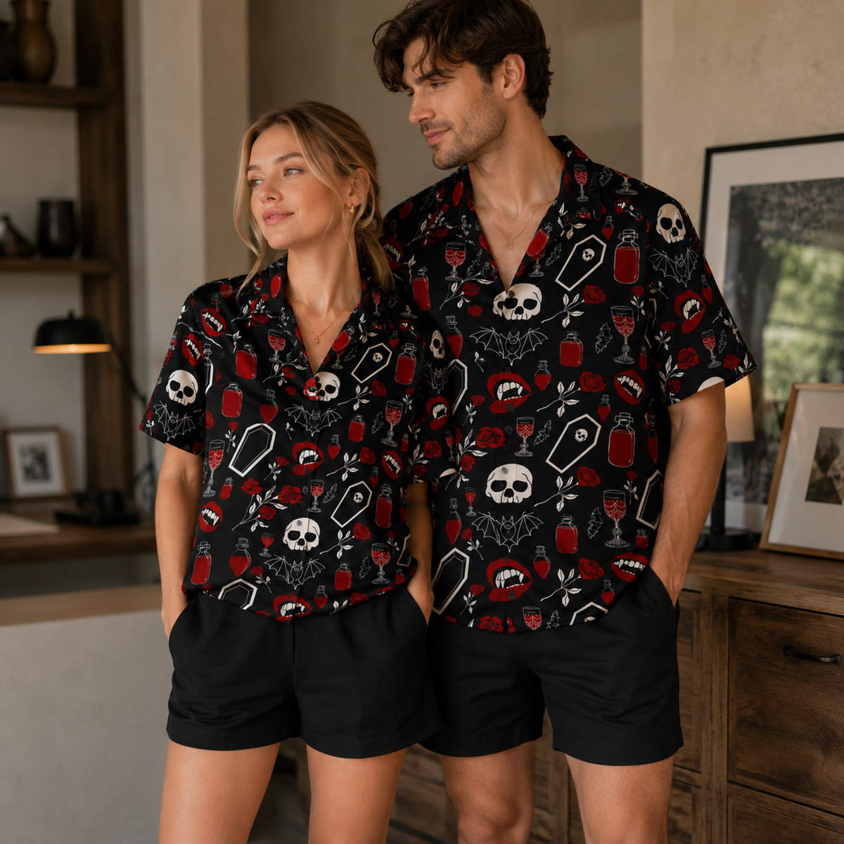 HW-M388-Black Macabre Vampire Camp Shirt Spooky Bat Coffin Red Rose Print Button Down Alternative Apparel