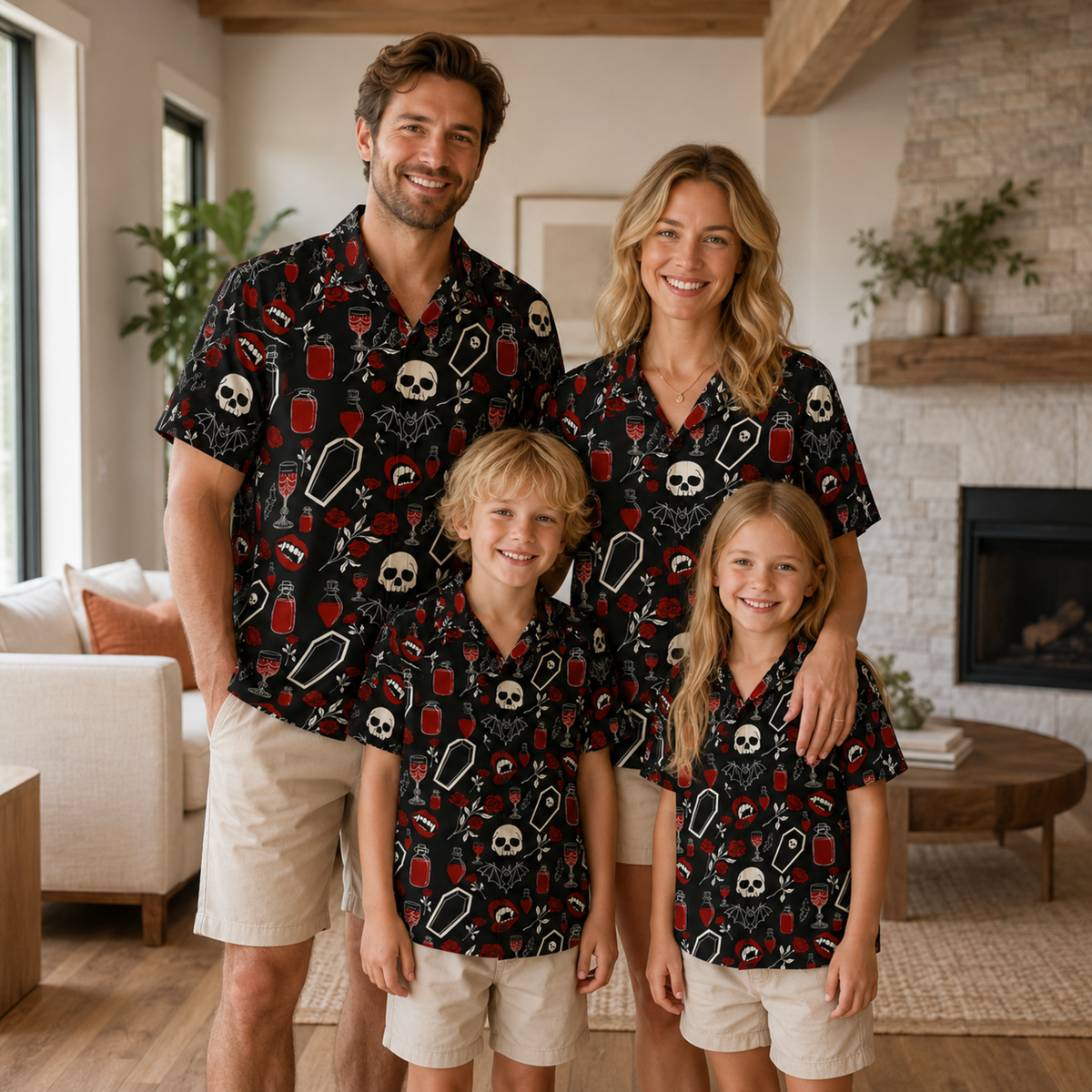 HW-M388-Black Macabre Vampire Camp Shirt Spooky Bat Coffin Red Rose Print Button Down Alternative Apparel