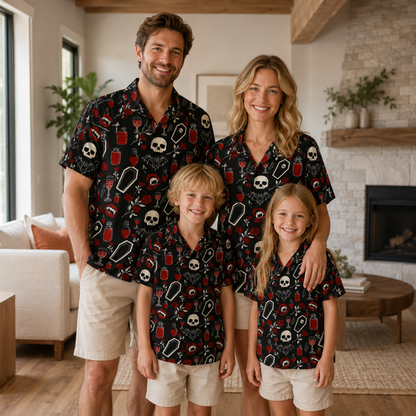 HW-M388-Black Macabre Vampire Camp Shirt Spooky Bat Coffin Red Rose Print Button Down Alternative Apparel