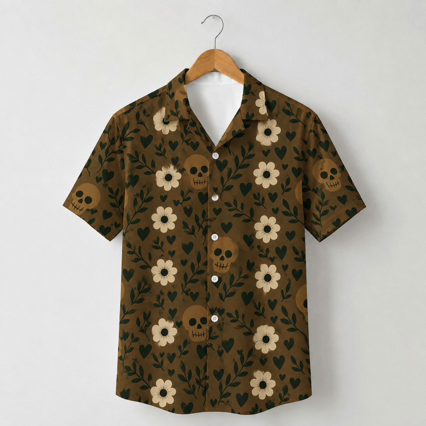 HW-M389-Earthy Brown Skull Floral Satin Hawaiian Shirt Botanical Boho Camp Collar Button Down
