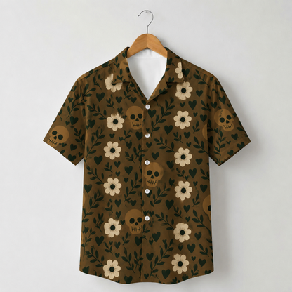 HW-M389-Earthy Brown Skull Floral Satin Hawaiian Shirt Botanical Boho Camp Collar Button Down