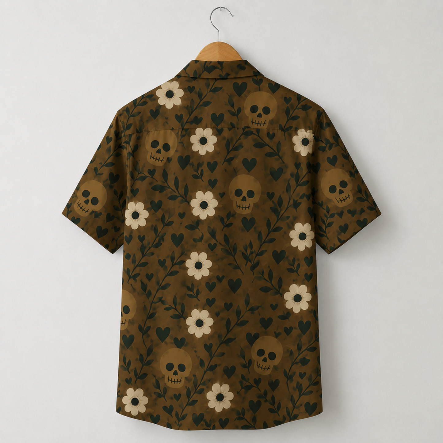 HW-M389-Earthy Brown Skull Floral Satin Hawaiian Shirt Botanical Boho Camp Collar Button Down
