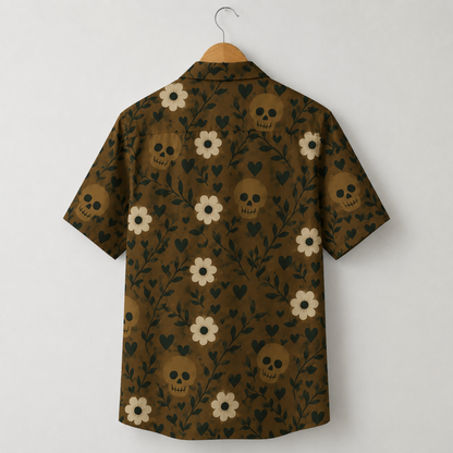 HW-M389-Earthy Brown Skull Floral Satin Hawaiian Shirt Botanical Boho Camp Collar Button Down