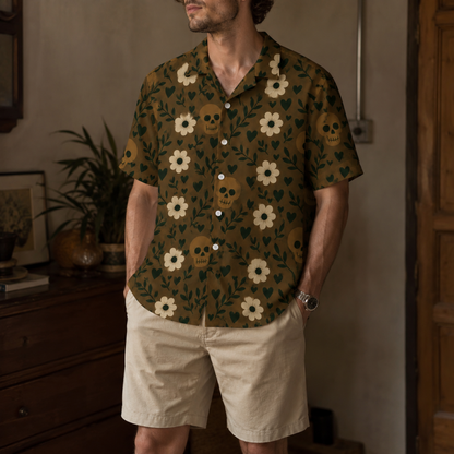 HW-M389-Earthy Brown Skull Floral Satin Hawaiian Shirt Botanical Boho Camp Collar Button Down