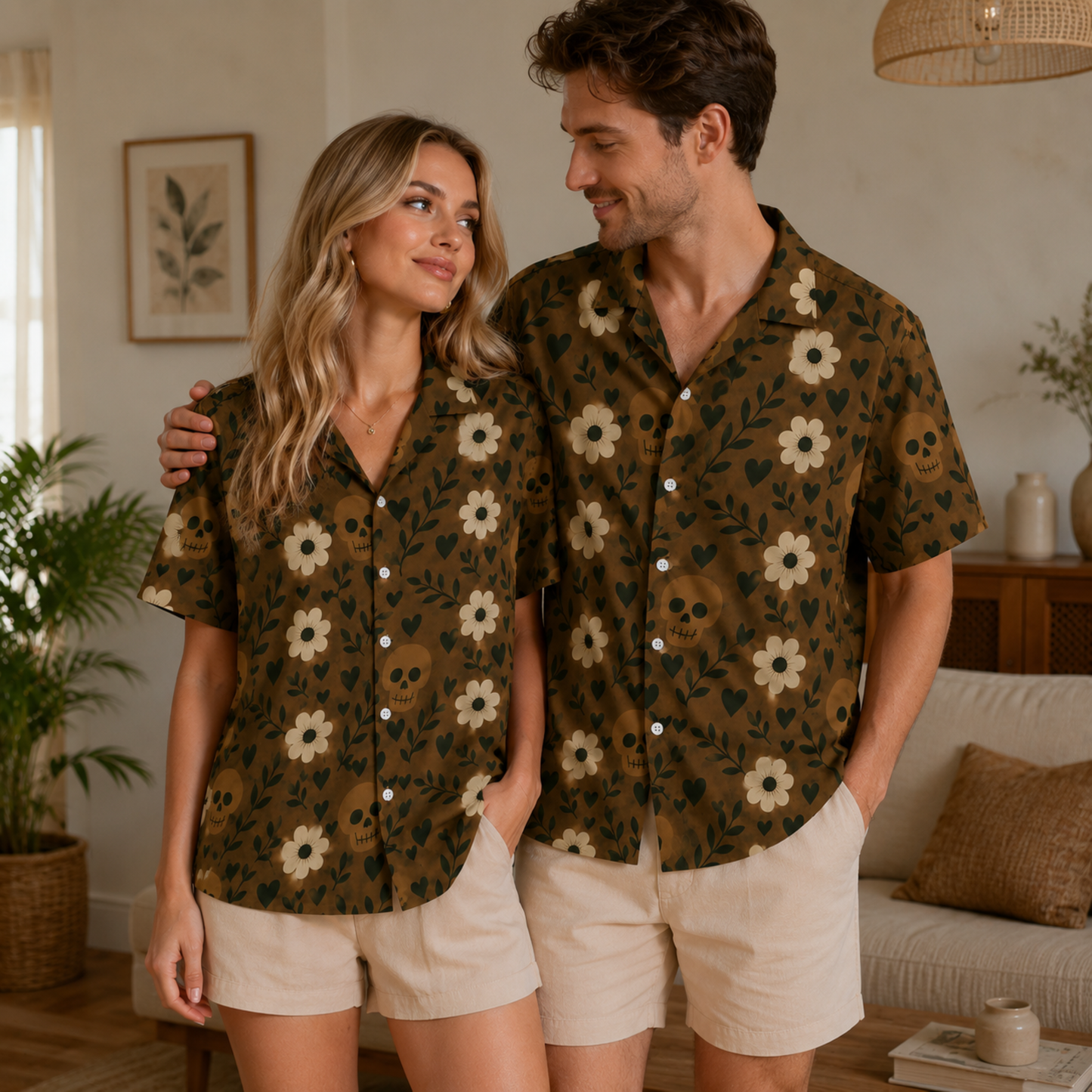 HW-M389-Earthy Brown Skull Floral Satin Hawaiian Shirt Botanical Boho Camp Collar Button Down