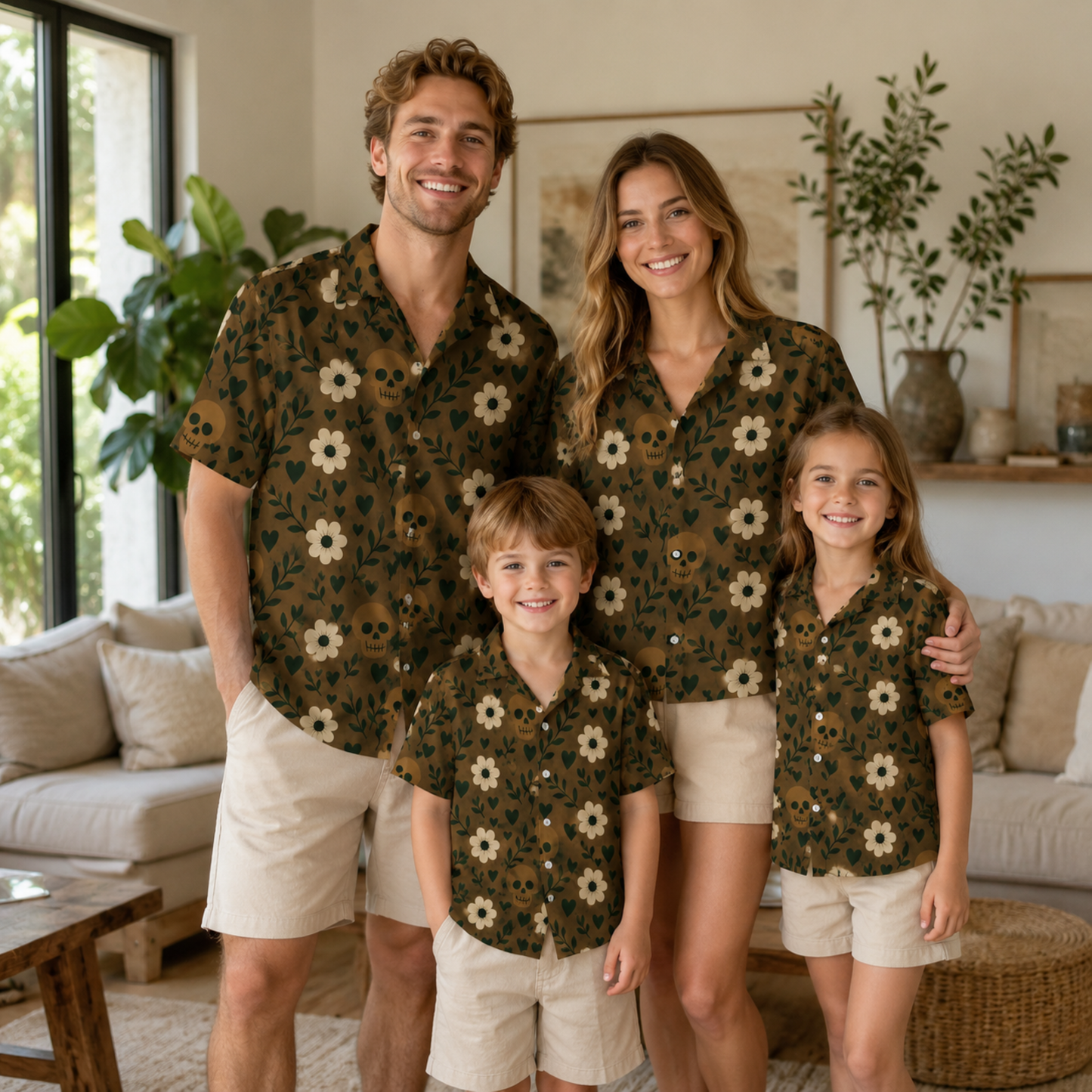 HW-M389-Earthy Brown Skull Floral Satin Hawaiian Shirt Botanical Boho Camp Collar Button Down