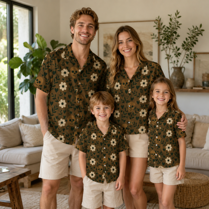 HW-M389-Earthy Brown Skull Floral Satin Hawaiian Shirt Botanical Boho Camp Collar Button Down