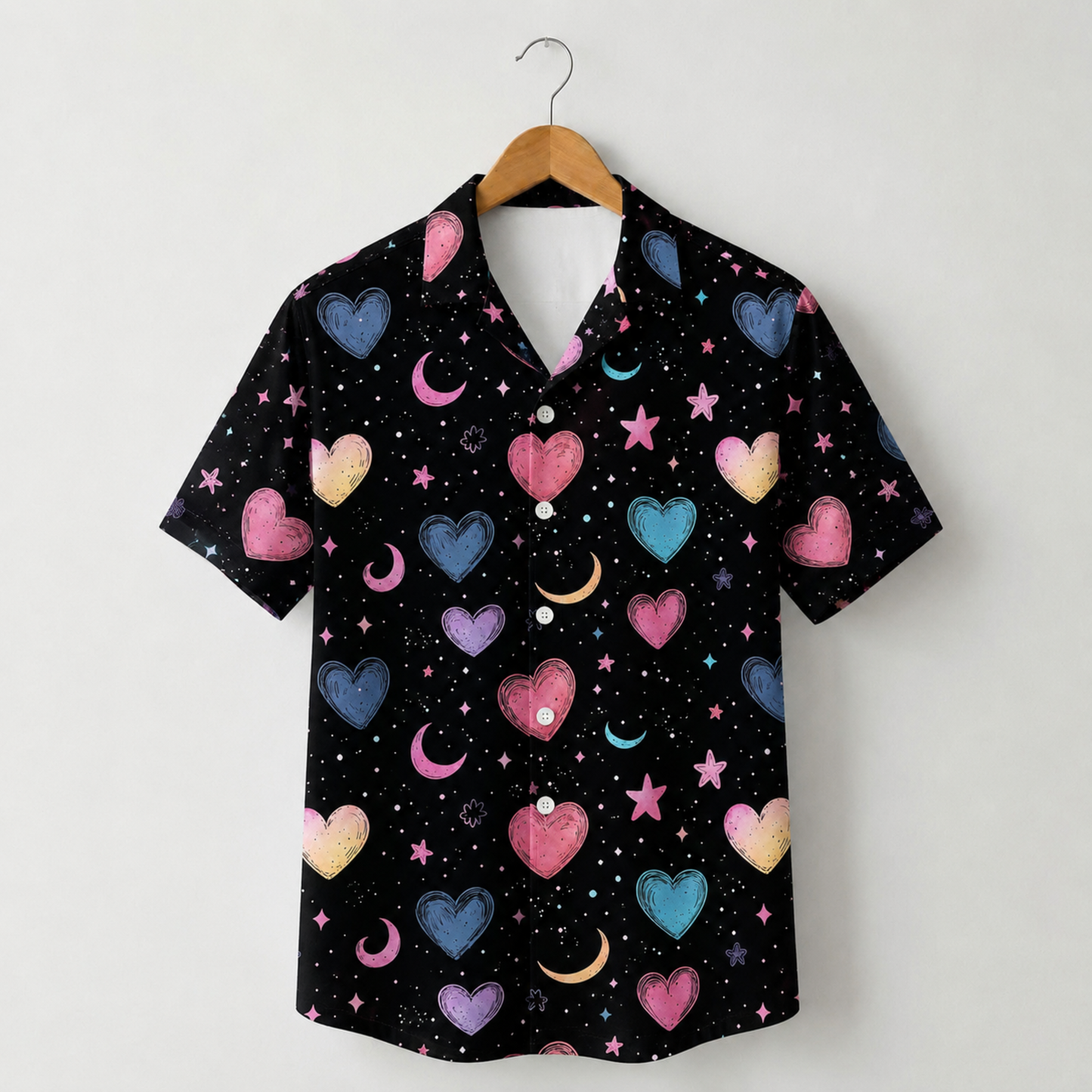 HW-M390-Pastel Heart Cosmic Hawaiian Shirt Black Celestial Moon Star Button Down Top