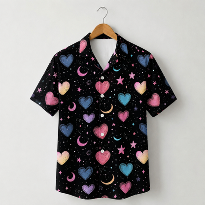 HW-M390-Pastel Heart Cosmic Hawaiian Shirt Black Celestial Moon Star Button Down Top