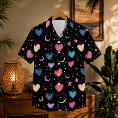 HW-M390-Pastel Heart Cosmic Hawaiian Shirt Black Celestial Moon Star Button Down Top