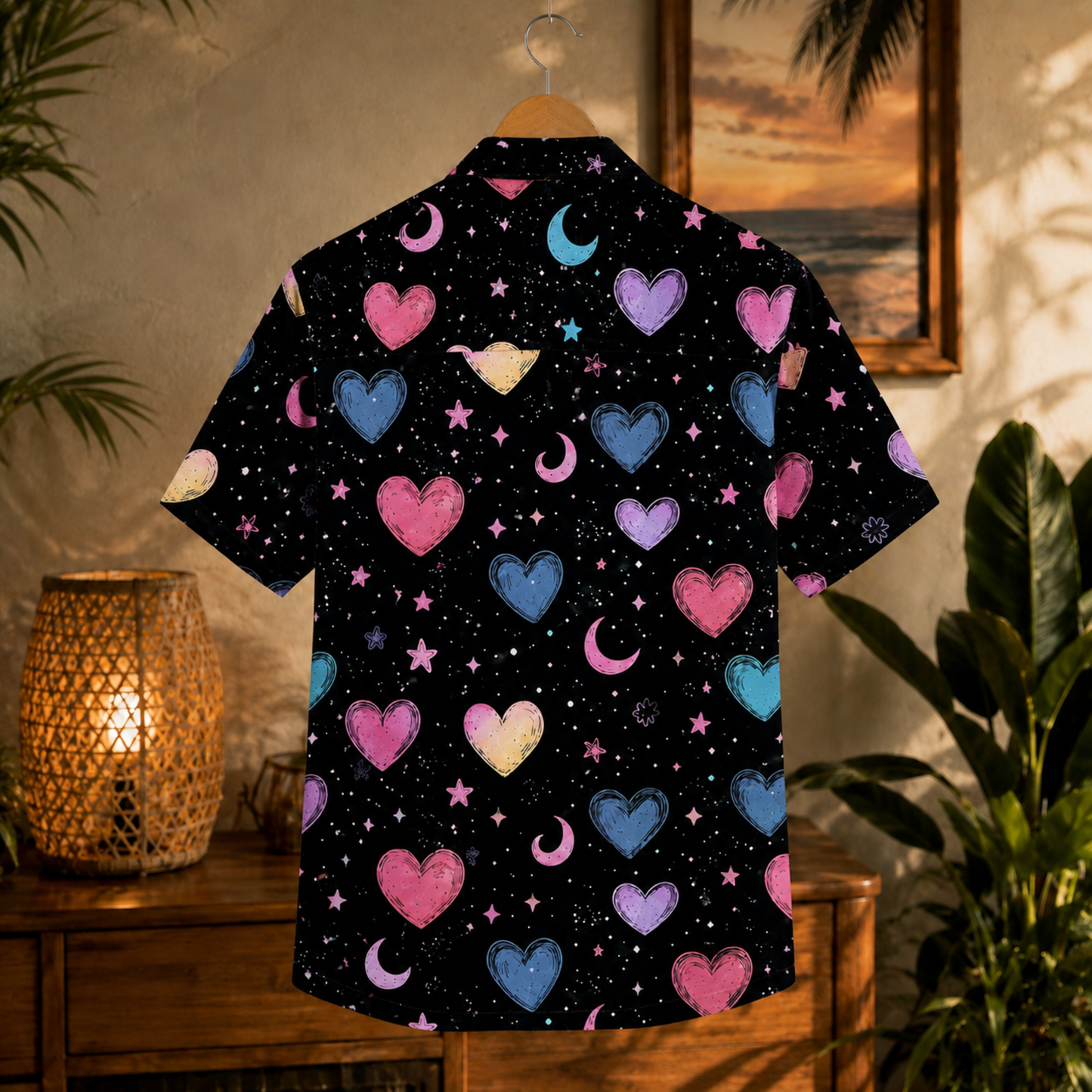HW-M390-Pastel Heart Cosmic Hawaiian Shirt Black Celestial Moon Star Button Down Top