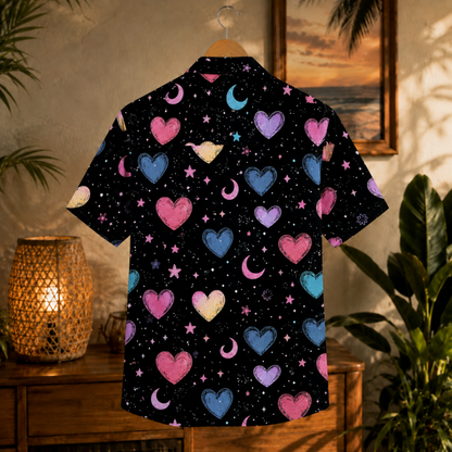 HW-M390-Pastel Heart Cosmic Hawaiian Shirt Black Celestial Moon Star Button Down Top