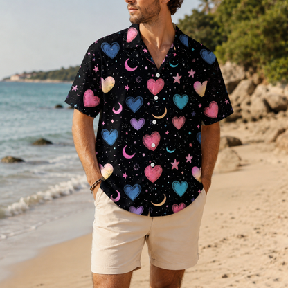 HW-M390-Pastel Heart Cosmic Hawaiian Shirt Black Celestial Moon Star Button Down Top