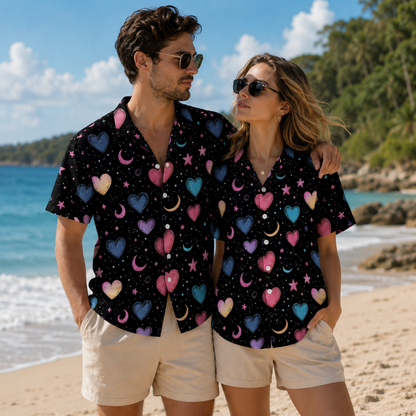 HW-M390-Pastel Heart Cosmic Hawaiian Shirt Black Celestial Moon Star Button Down Top
