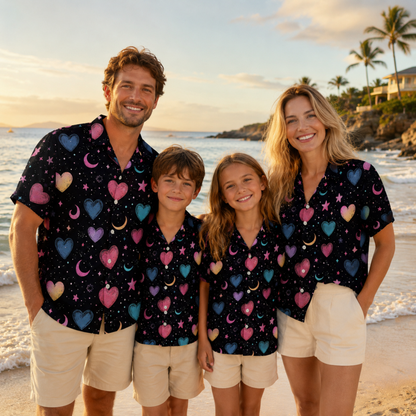 HW-M390-Pastel Heart Cosmic Hawaiian Shirt Black Celestial Moon Star Button Down Top