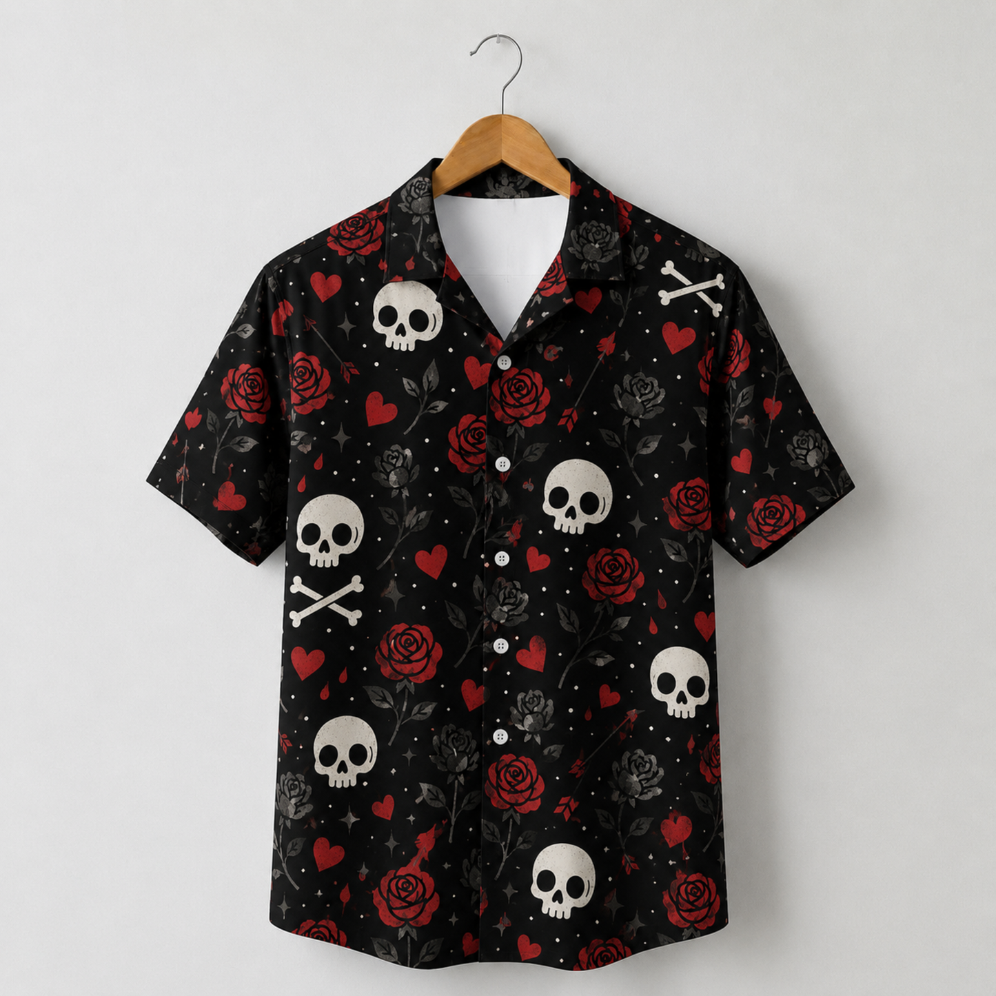 HW-M391-Gothic Skull Red Rose Hawaiian Shirt Dark Romance Black Button Down Alternative Camp Collar