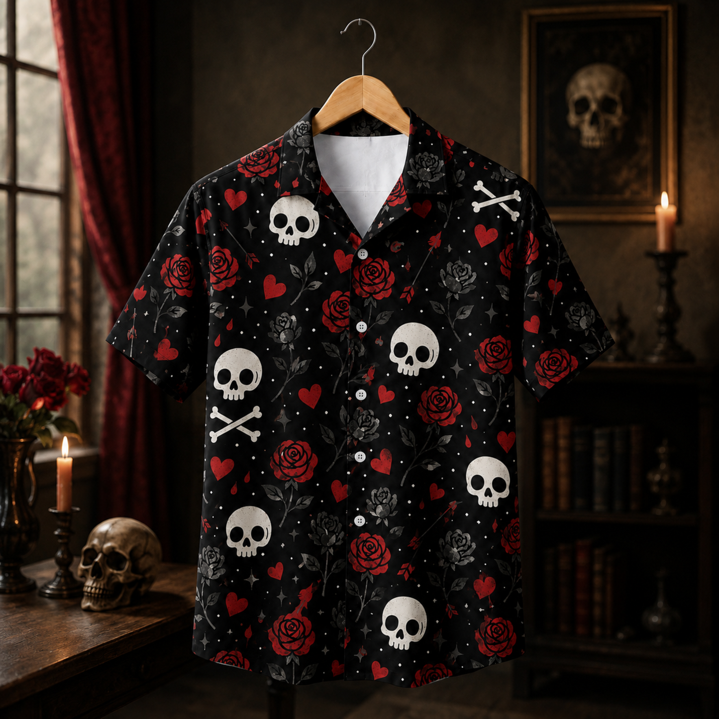 HW-M391-Gothic Skull Red Rose Hawaiian Shirt Dark Romance Black Button Down Alternative Camp Collar