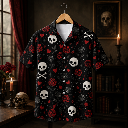 HW-M391-Gothic Skull Red Rose Hawaiian Shirt Dark Romance Black Button Down Alternative Camp Collar