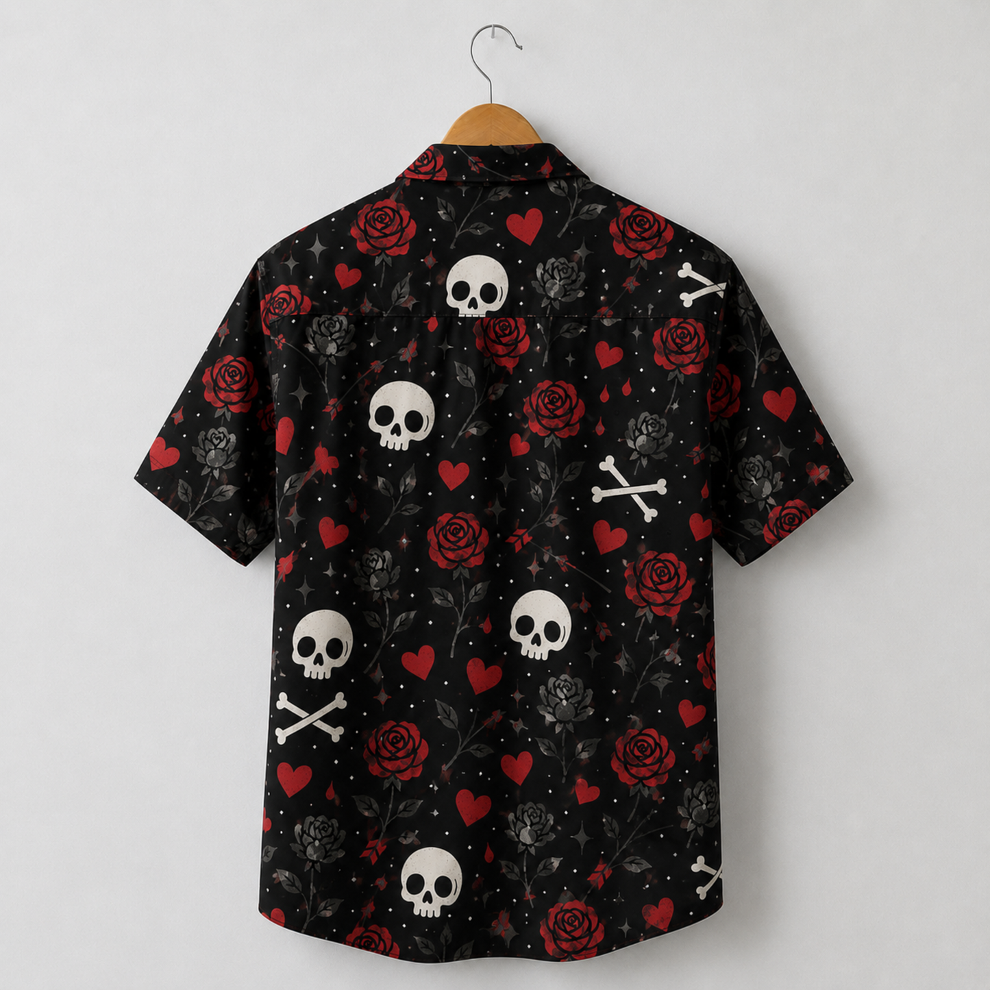 HW-M391-Gothic Skull Red Rose Hawaiian Shirt Dark Romance Black Button Down Alternative Camp Collar