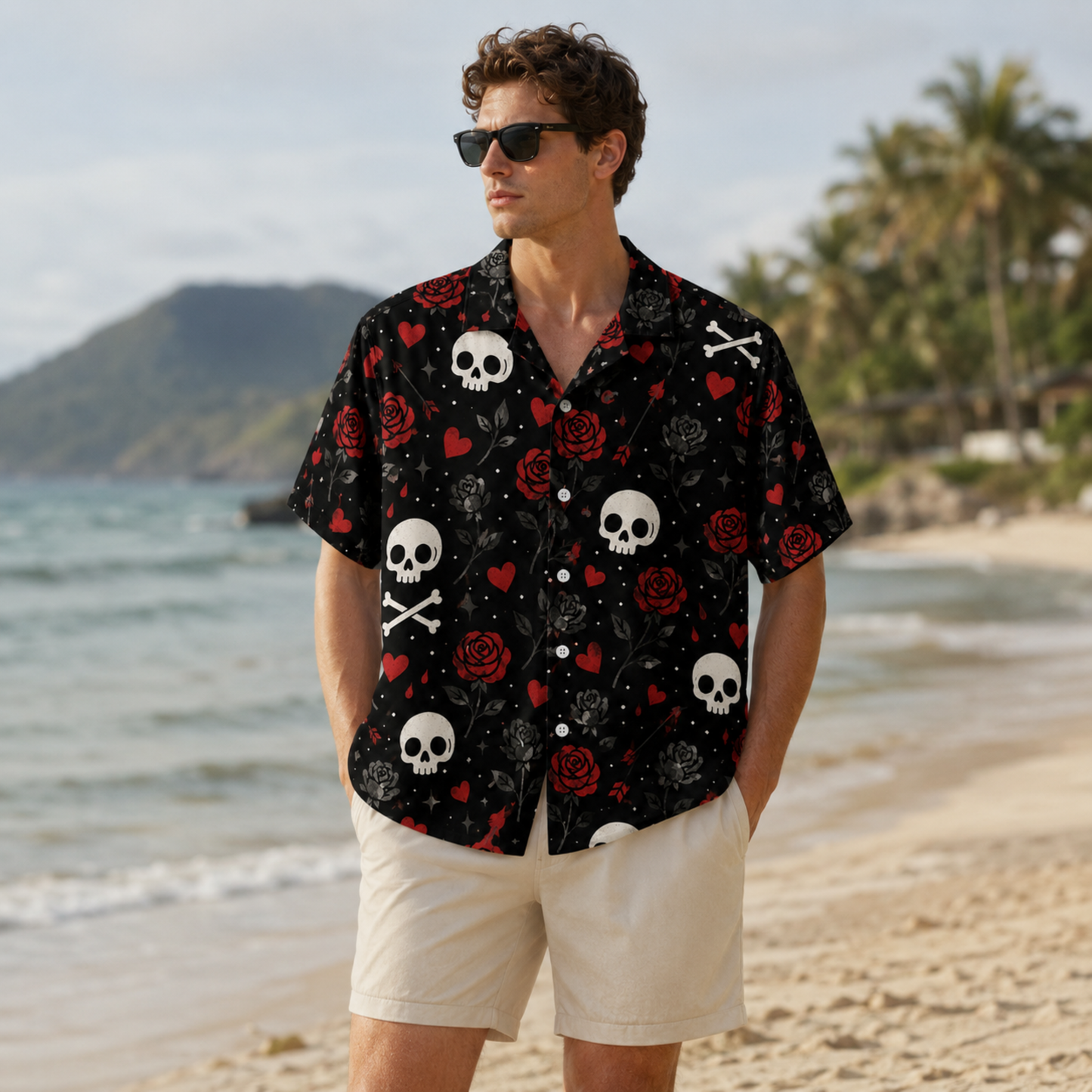 HW-M391-Gothic Skull Red Rose Hawaiian Shirt Dark Romance Black Button Down Alternative Camp Collar