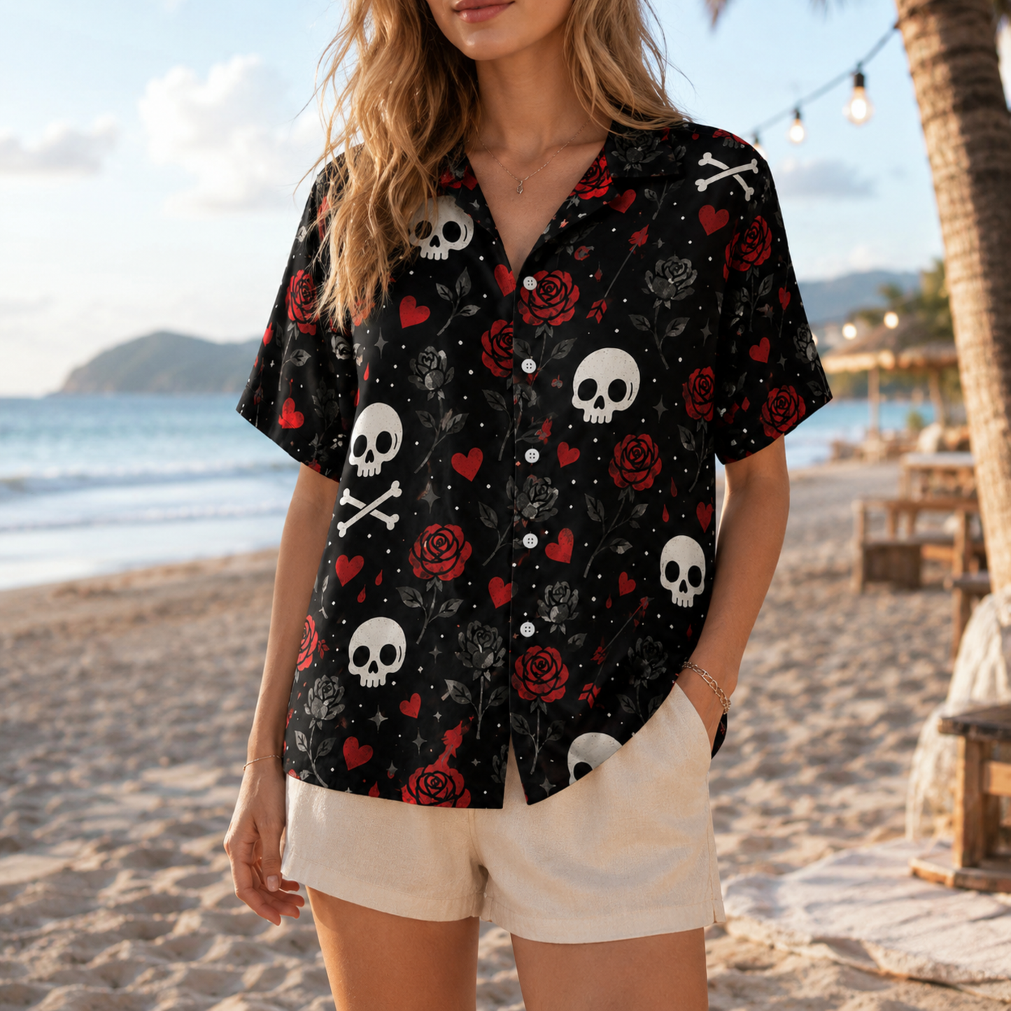 HW-M391-Gothic Skull Red Rose Hawaiian Shirt Dark Romance Black Button Down Alternative Camp Collar