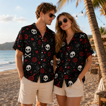 HW-M391-Gothic Skull Red Rose Hawaiian Shirt Dark Romance Black Button Down Alternative Camp Collar